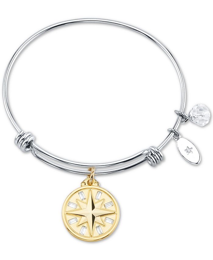 Unwritten Clear Crystal Compass Rose Charm Bangle Bracelet in Silver