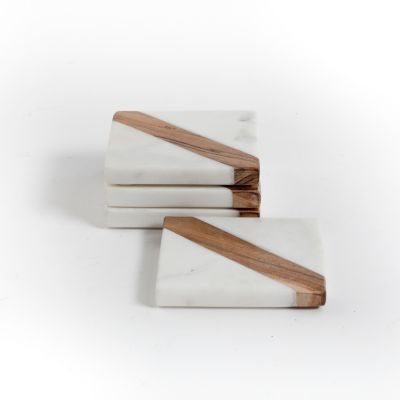 Gibson - White Marble & Wood Coaster Set