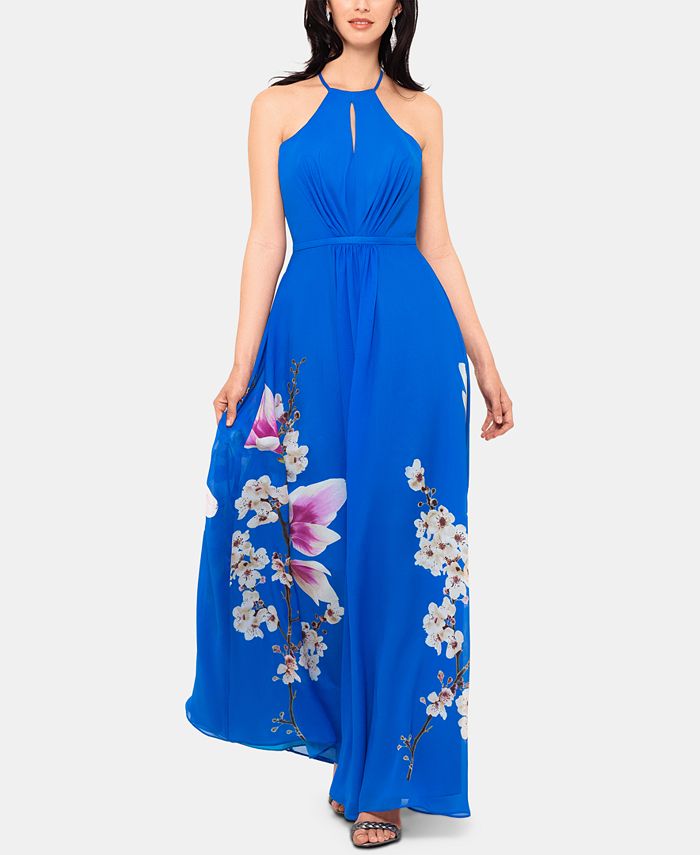Betsy & Adam Women's Printed Chiffon Halter Gown Blue Size 6