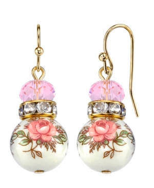 image of 2028 Gold Tone Lt. Rose Pink and Floral Beaded Drop Earrings