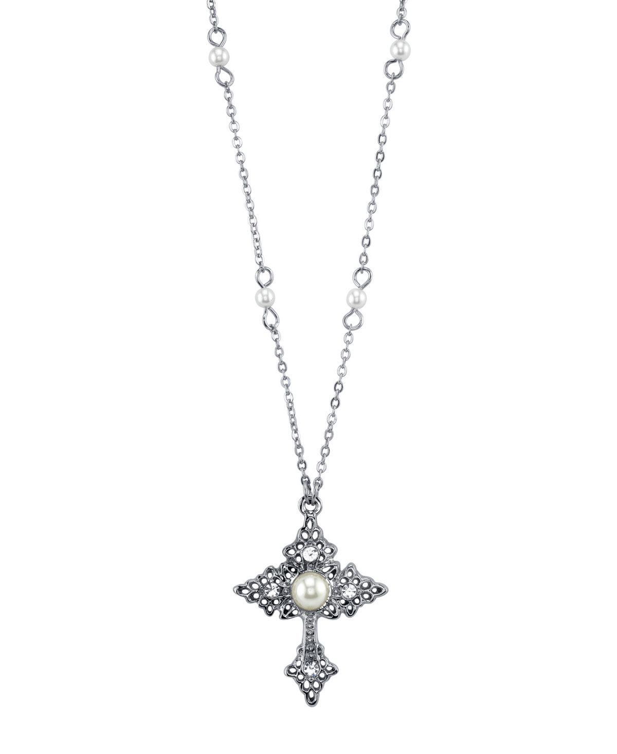 2028 Silver Tone Filigree Cross With Simulated Pearl Crystal Accent Necklace 16" Adjustable In White