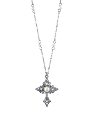 image of 2028 Silver Tone Filigree Cross with Simulated Pearl Crystal Accent Necklace 16