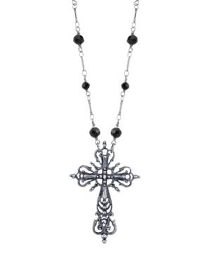 image of 2028 Antiqued Pewter Filigree Cross Necklace with Black Beaded Chain 30