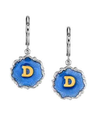 Silver Tone Blue Enamel Gold Tone Initial Earrings