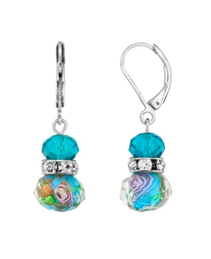 image of 2028 Silver Tone Aqua Blue Pink Floral Beaded Drop Wire Earring