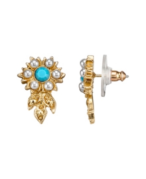 image of Downton Abbey Gold-Tone Simulated Pearl and Imitation Turquoise Flower Earrings