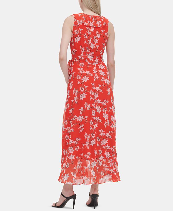 Calvin Klein Women's Metallic Embroidered Floral Print Maxi Dress Brown Size 8