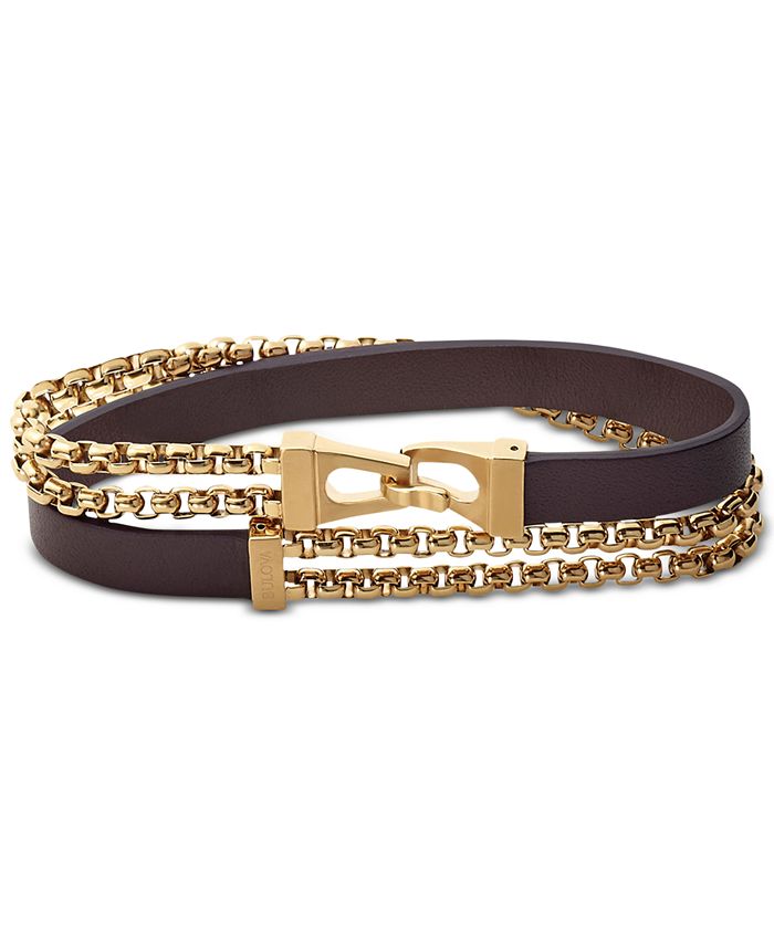 Bulova - Double-Chain & Leather Wrap Bracelet in Gold-Tone Stainless Steel