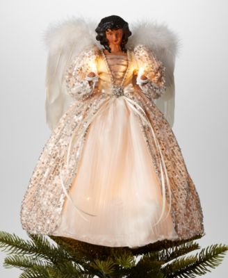 Holiday Lane - 14"H African American Angel Christmas Tree Topper with LED lights in Ivory Dress