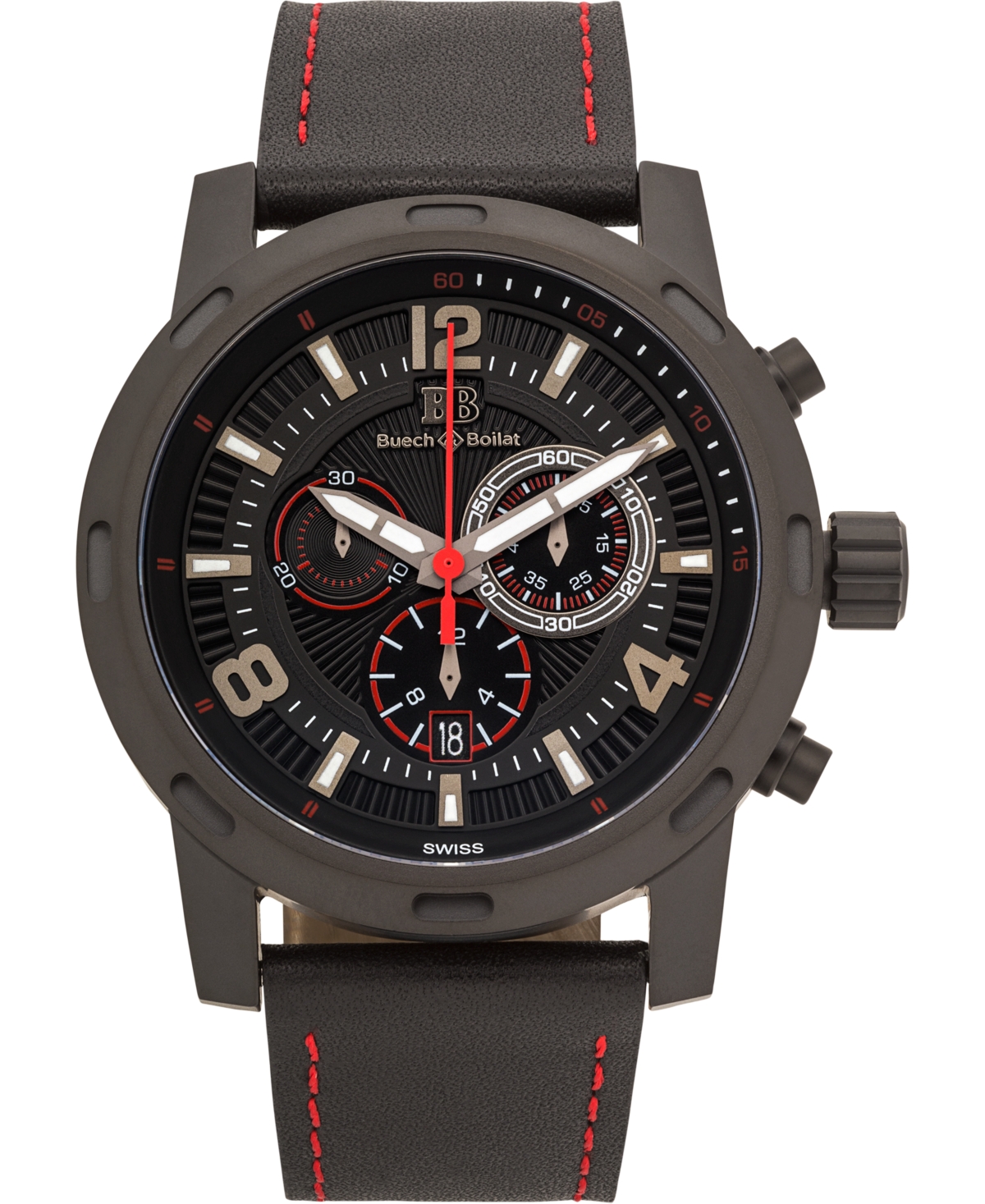 Baracchi Mens Chronograph Watch - Black Leather Strap, Black and Red Dial, 46mm - Black