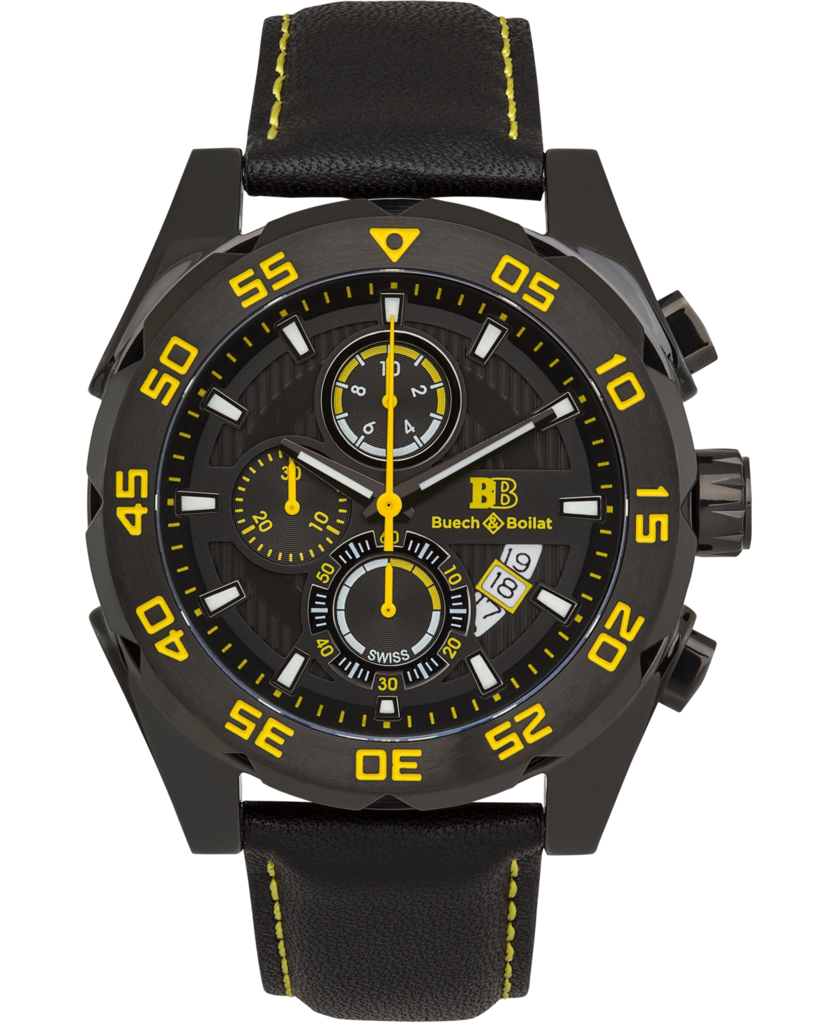 Torrent Men's Chronograph Watch Black Leather Strap, Black and Yellow Dial, 44mm - Black