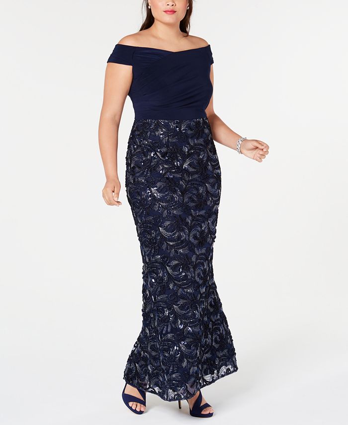 Adrianna Papell Plus Size Soutache Off-The-Shoulder Gown - Macy's