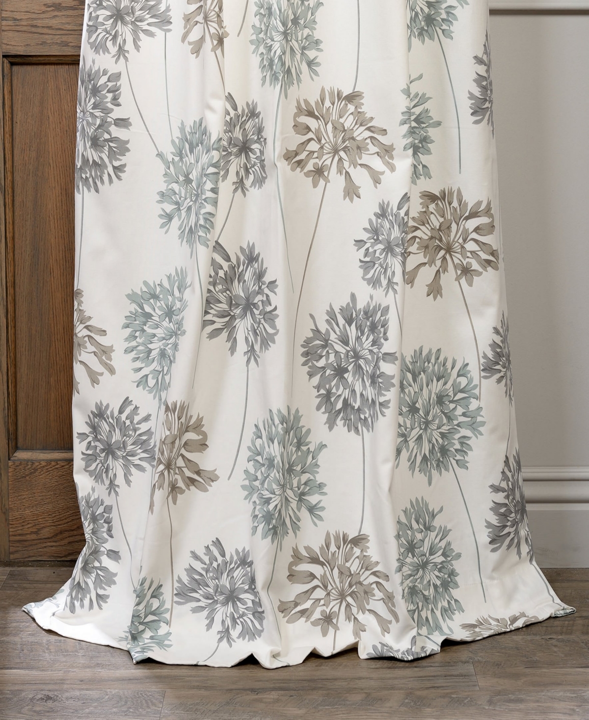 Half Price Drapes Allium Blue Grey Floral Printed Cotton Room Darkening Curtain In Cream
