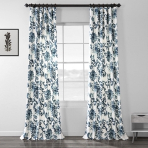 Exclusive Fabrics & Furnishings Indonesian Blue Floral Printed Cotton Room Darkening Curtain In Blue