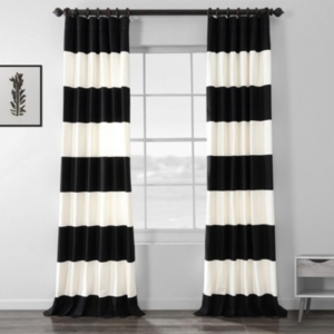 Exclusive Fabrics & Furnishings Onyx Black & Off White Horizontal Striped Printed Cotton Room Darkening Curtain In Black