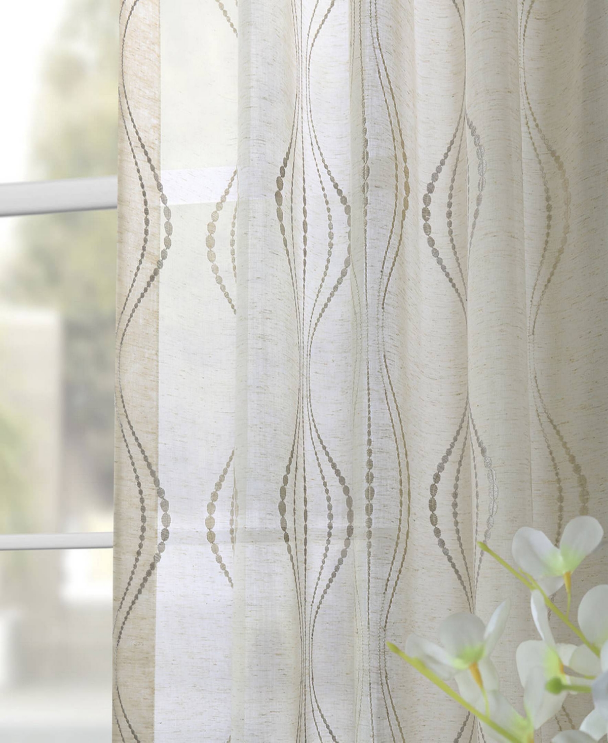 HALF PRICE DRAPES SUEZ NATURAL EMBROIDERED STRIPED PATTERNED FAUX LINEN SHEER CURTAIN 