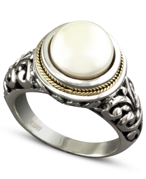 image of Effy Cultured Freshwater Pearl Scroll Sides Ring in Sterling Silver and 18k Gold