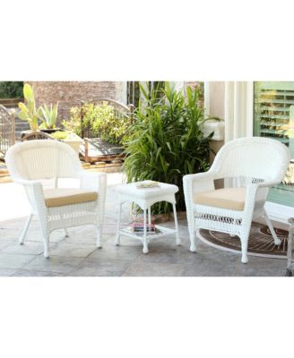 Jeco - White Wicker Chair And End Table Set With Ivory Chair Cushion