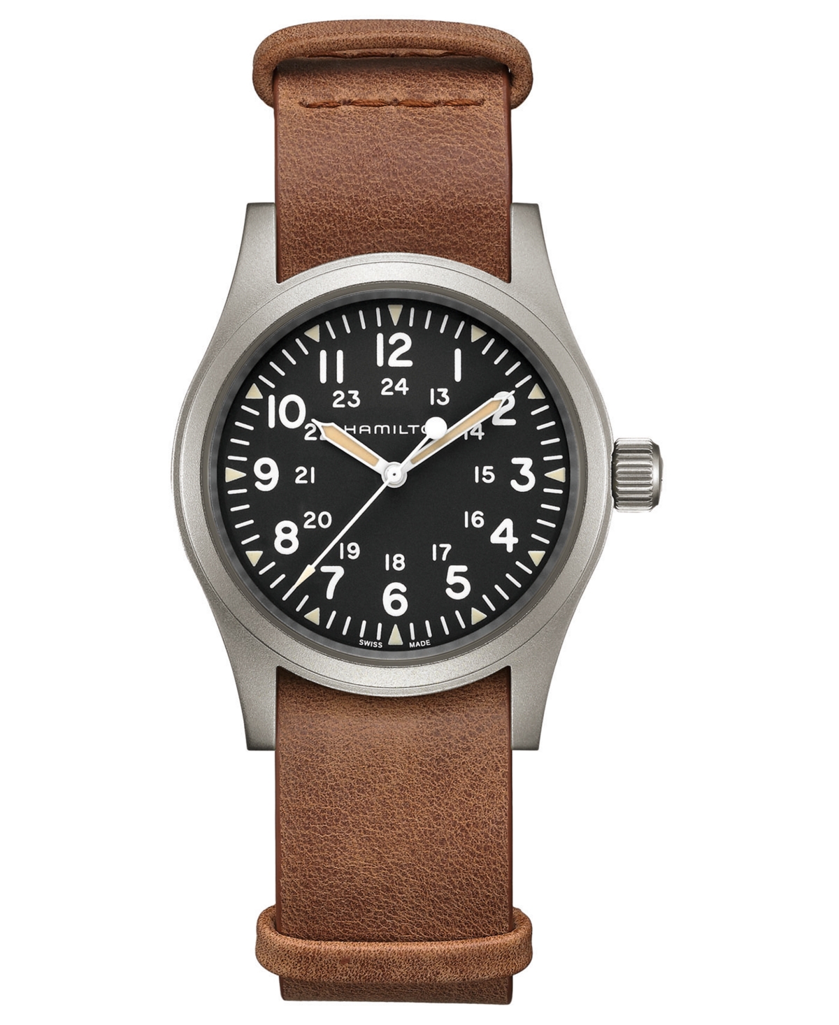 Unisex Swiss Mechanical Khaki Field Brown Leather Strap Watch 38mm - Brown