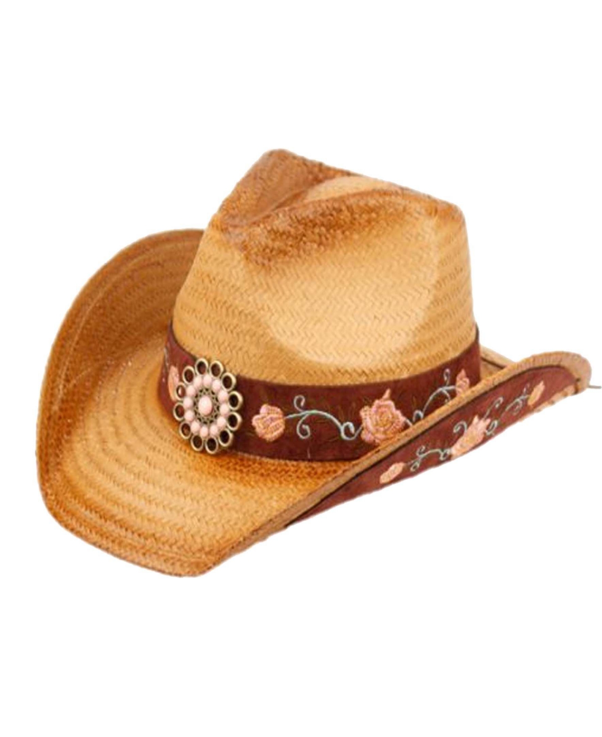 Cowboy Hat with Floral Trim Band and Stud - Natural