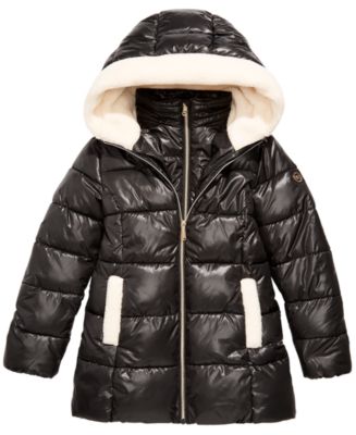 Michael Kors Big Girls Faux-Fur-Trim Hooded Shiny Puffer Jacket - Macy's