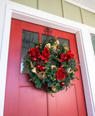 30" Lighted Christmas Wreath, Red Magnolia