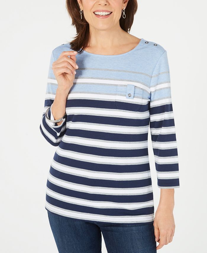 Karen Scott Sport 3/4-Sleeve Striped Top, Created for Macy's - Macy's