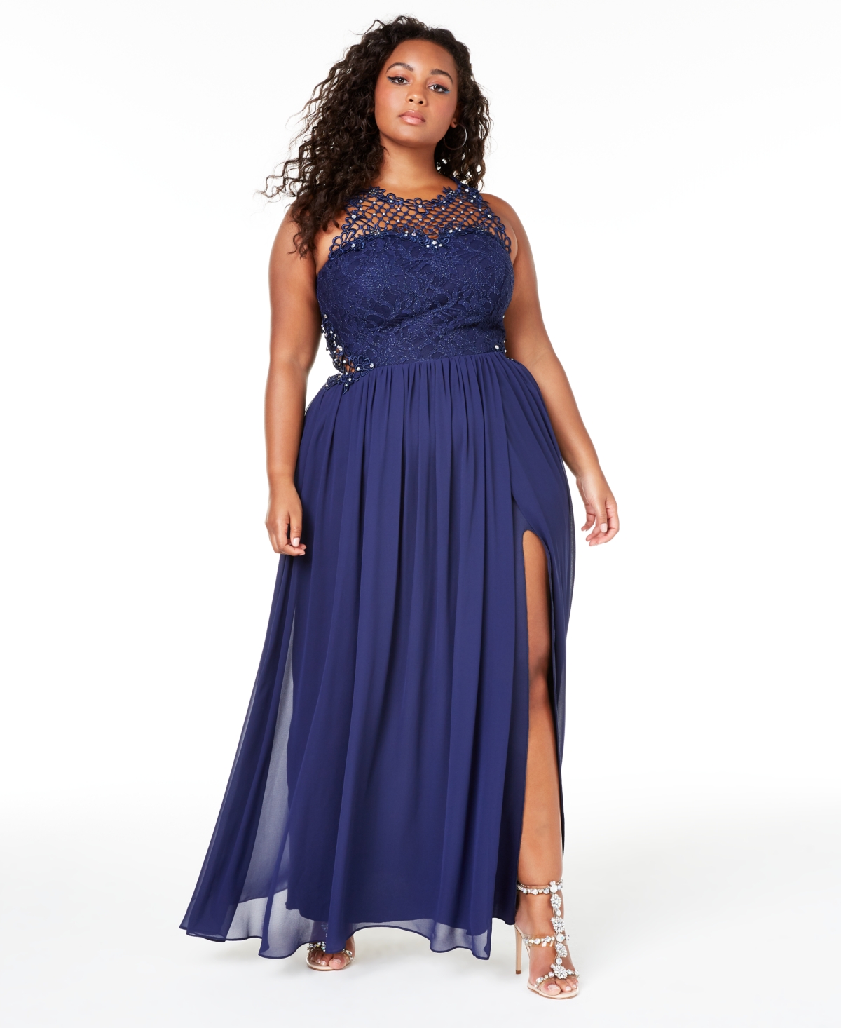 City Studios Trendy Plus Size Embellished Illusion Tulip Gown