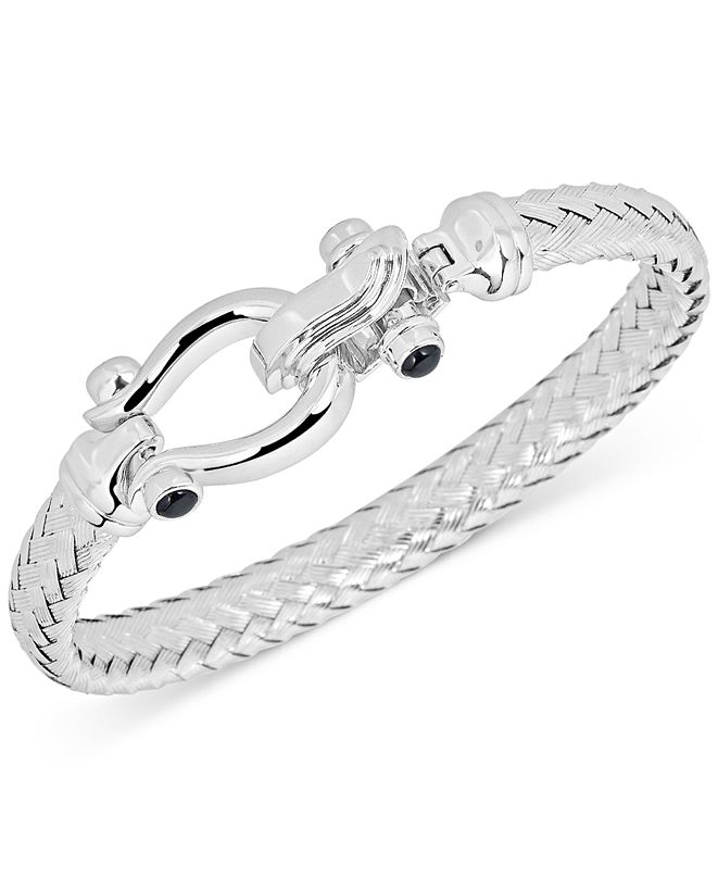 Italian Gold Black Spinel Horseshoe Clasp Bangle Bracelet in 14k White