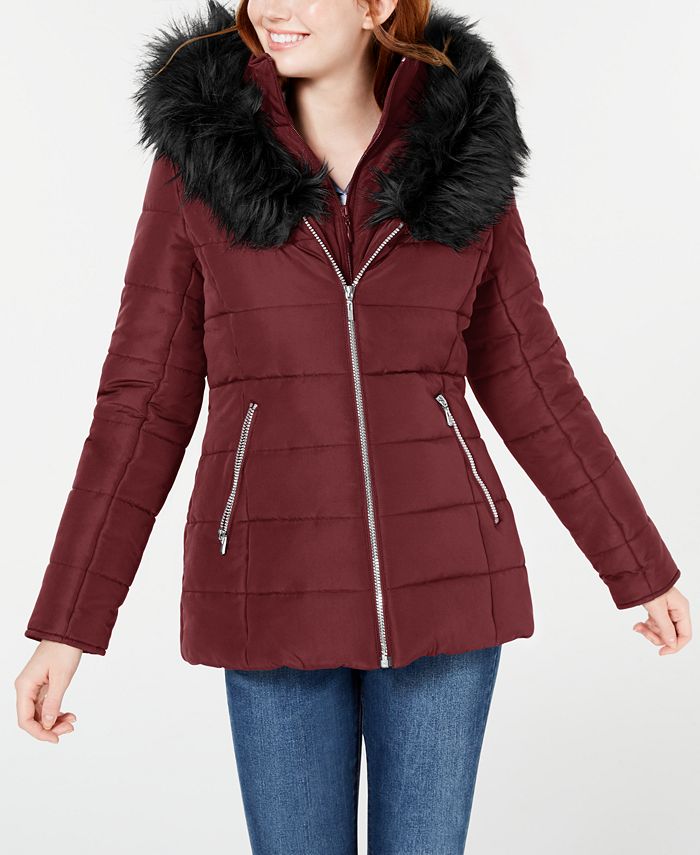 Maralyn & Me Women's Juniors' Hooded Faux-Fur-Trim Puffer Coat Black Size Extra Small