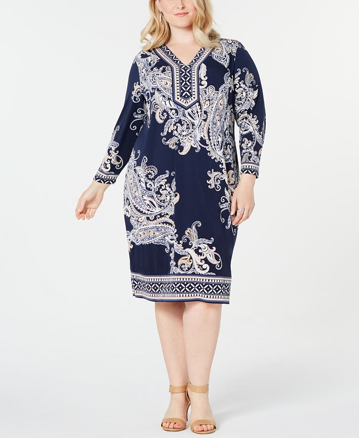 JM Collection Plus Size Printed Y-Neck Dress, Created for Macy's - Macy's