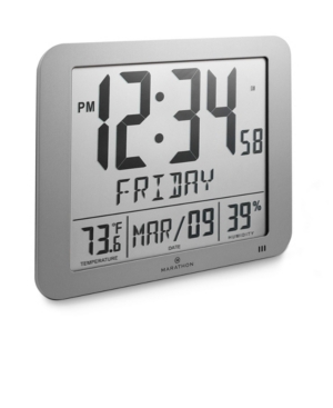 Marathon Slim Atomic Full Calendar Clock With Large 3.25" Digits, Indoor Temperature In Gray