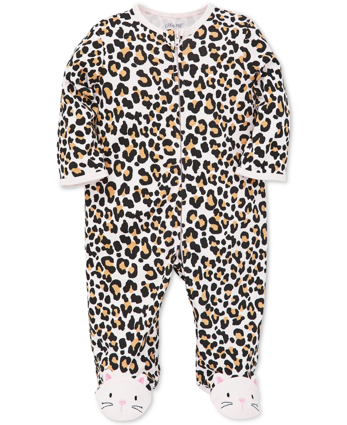 Little Me Baby Girls Animal Print Footed Coverall With Cat Applique In Tan Multi