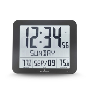 Marathon Slim Atomic Wall Clock With Indoor/outdoor Temperature, Full Calendar In Black
