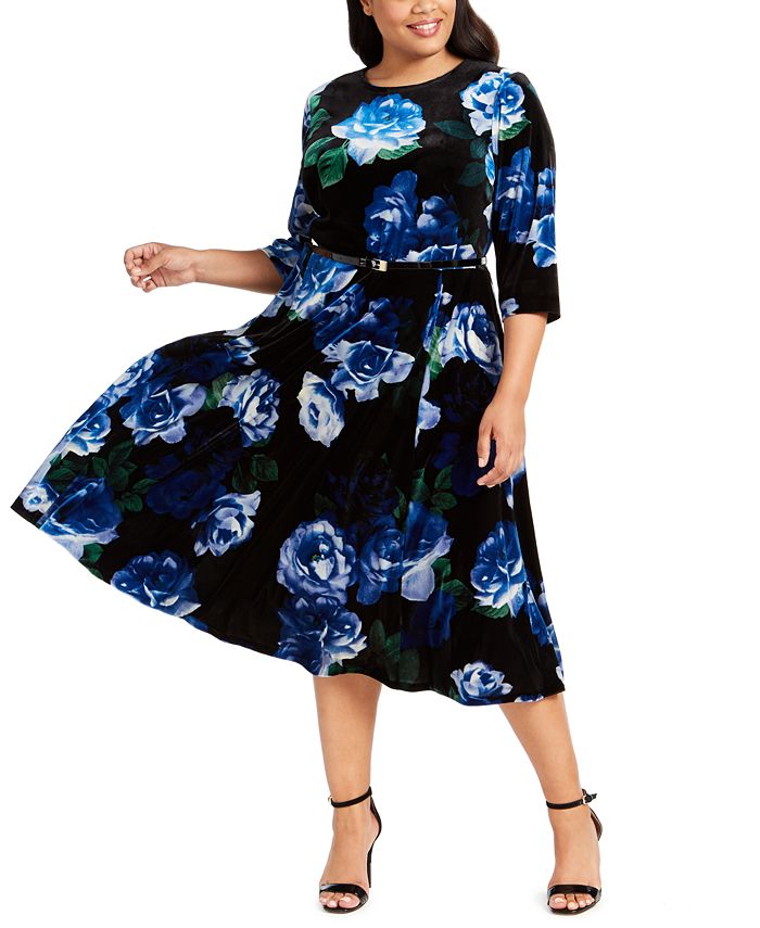 Calvin Klein Plus Size Floral-Print Velvet Dress & Reviews - Dresses - Plus  Sizes - Macy's