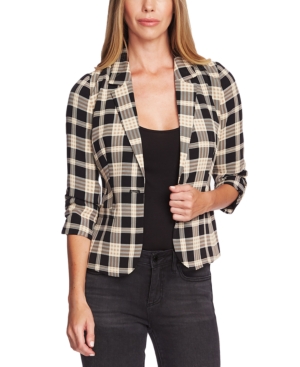 VINCE CAMUTO PLAID RUCHED SLEEVE BLAZER