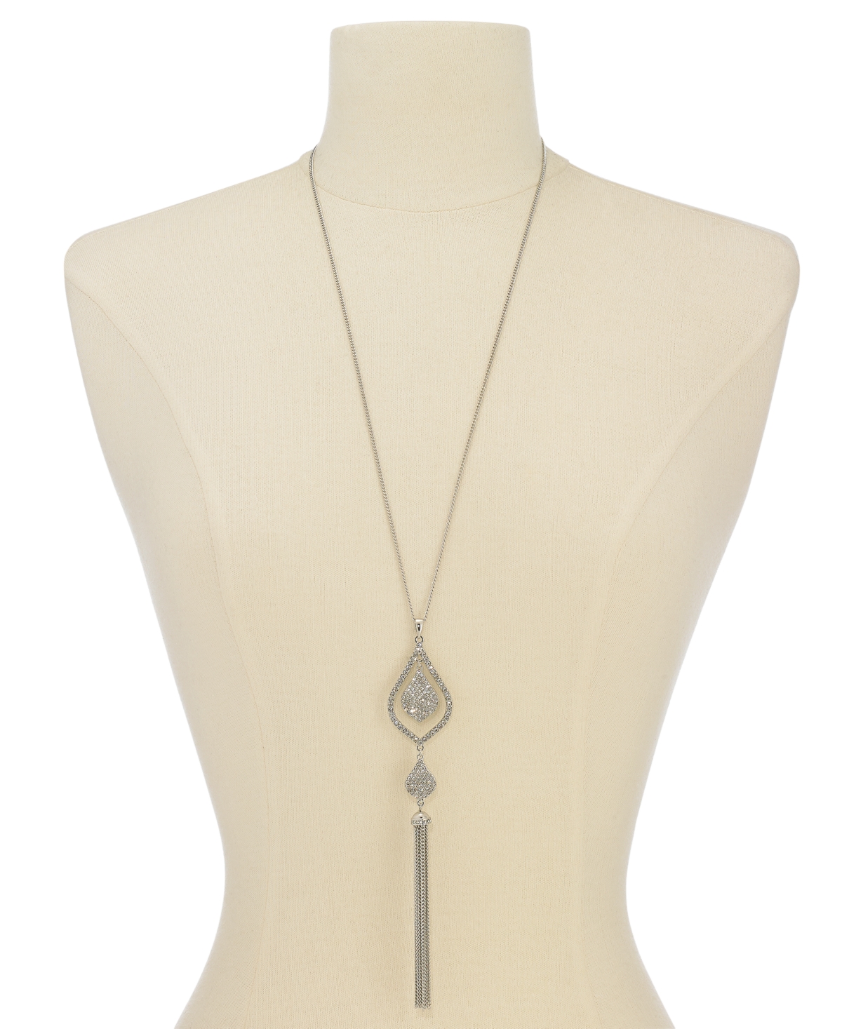 I.n.c. International ConceptsTone Pave & Chain Tassel Pendant Necklace, + extender, Created for Macy's - Silver