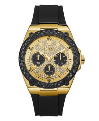 GUESS - Men's Black and Gold-Tone with Crystal Accents and Silicone Strap Watch 45mm