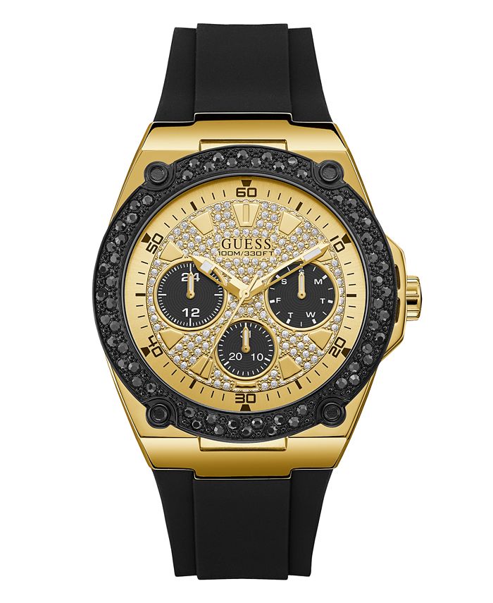 GUESS Men's Black and Gold-Tone with Crystal Accents and Silicone Strap