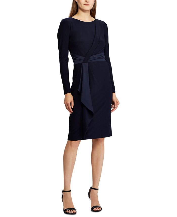 Lauren Ralph Lauren Petite Satin-Trim Long-Sleeve Jersey Dress - Macy's