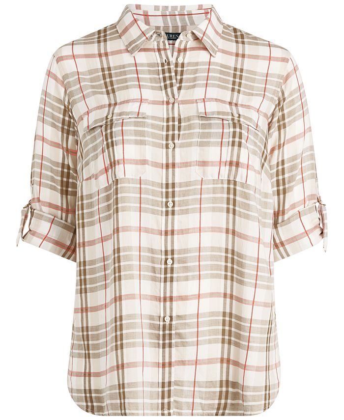 Lauren Ralph Lauren Plus Size Plaid-Print Cotton Button-Up Shirt - Macy's