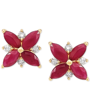 image of Certified Ruby (1-5/8 ct. t.w.) & Diamond (1/8 ct. t.w.) Flower Stud Earrings in 14k Gold