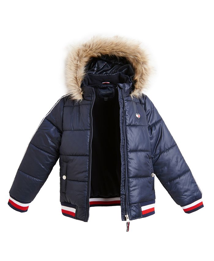 Tommy Hilfiger Little Girls Hooded Puffer Jacket With Faux-Fur Trim ...