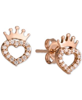 Children's Cubic Zirconia Heart & Crown Stud Earrings in 14k Rose Gold