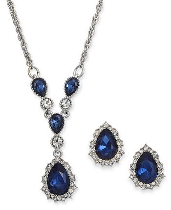 Charter Club - Silver-Tone Crystal and Stone Lariat Necklace & Stud Earrings Set, 17" + 2" extender