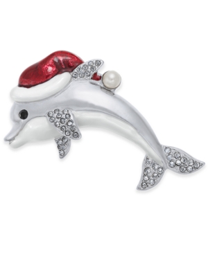 image of Holiday Lane Silver-Tone Crystal & Imitation Pearl Dolphin Pin, Created for Macy-s