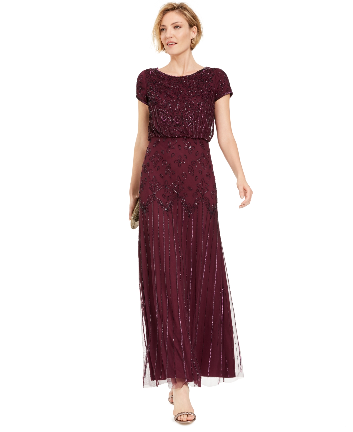 Shop Adrianna Papell Women's Beaded Short-sleeve Sheer-overlay Gown In Cassis Red