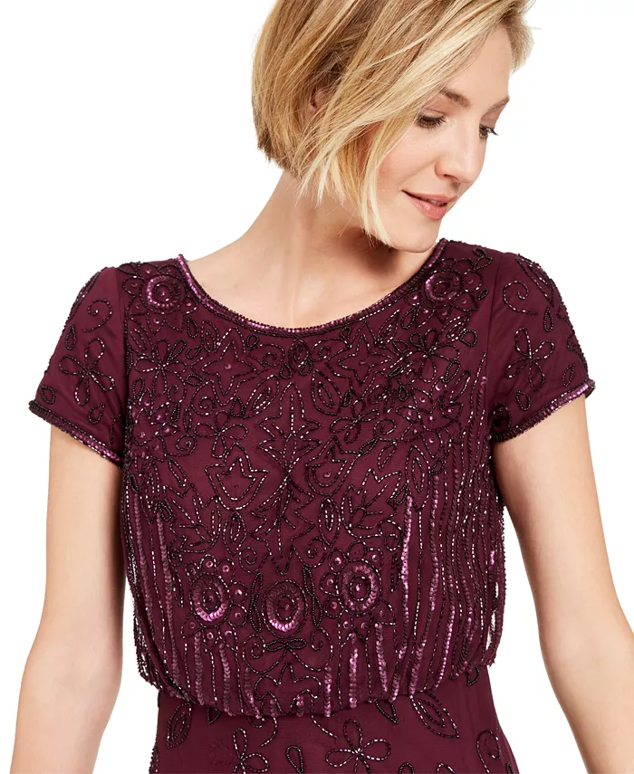 Women's Beaded Short-Sleeve Sheer-Overlay Gown - thumbnail 4