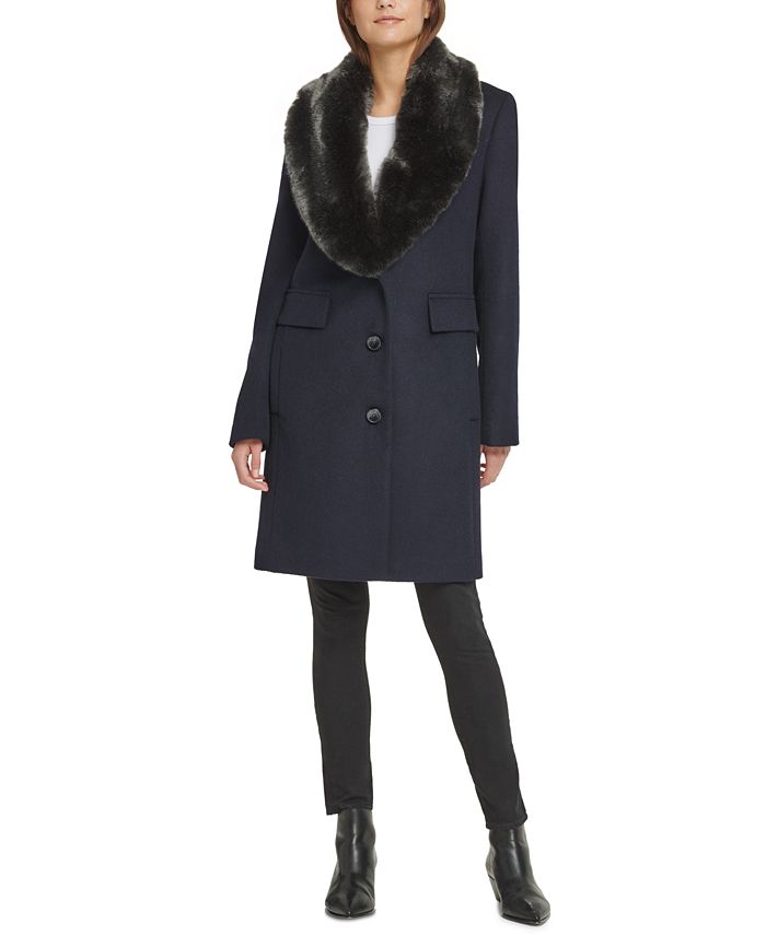 DKNY Single Breasted Faux Fur Shawl Collar Coat Macy s