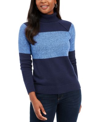 Karen Scott Womens Colorblocked Cotton Turtleneck Sweater Blue Size Medium 1